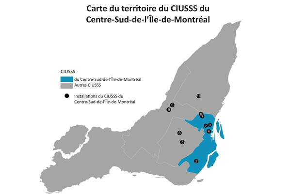 Carte du territoire desservie par le CIUSSS du Centre-Sud-de-l'Île-de-Montréal