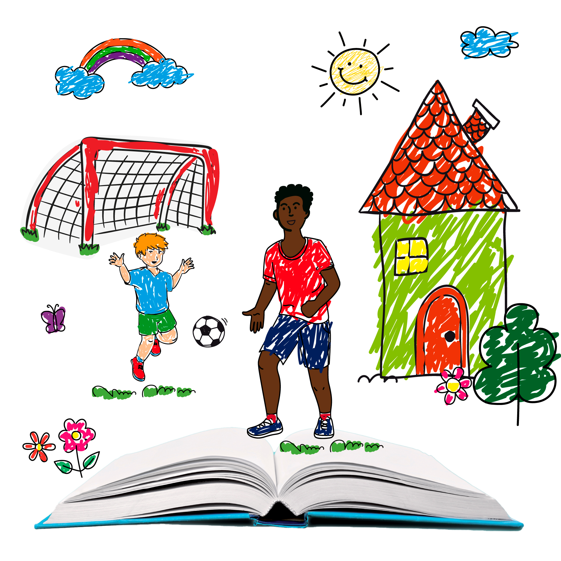 Dessin d'une famille d'accueil avec un garçon qui joue au soccer