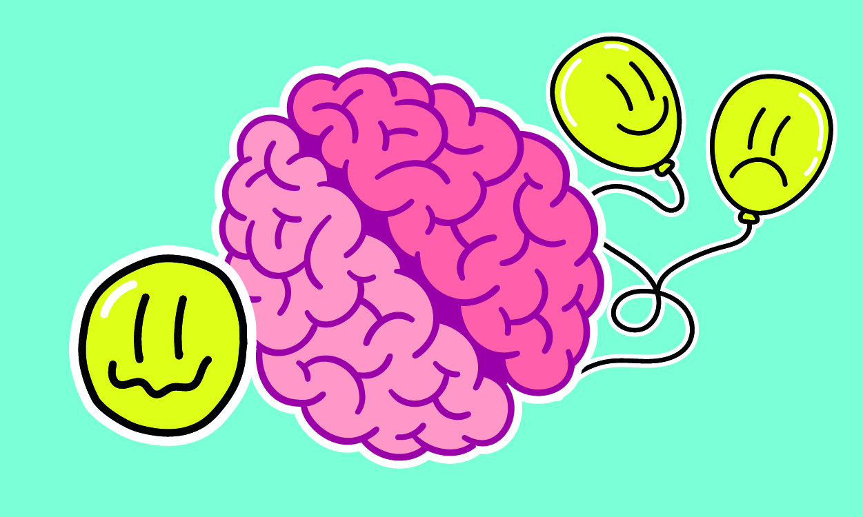 Image d'un cerveau avec des ballons jaunes avec différentes expressions faciales